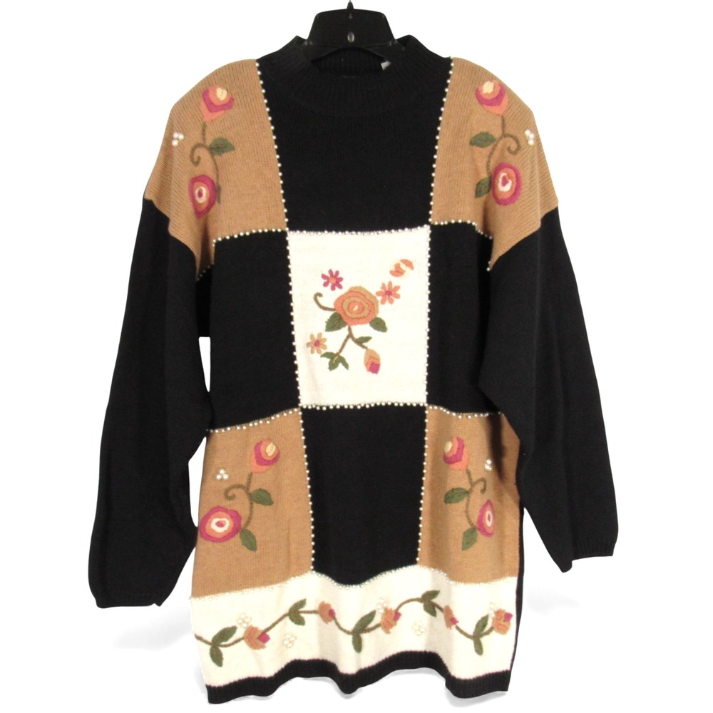 VTG DIANA MARCO Colorblock FLORAL EMBROIDERED Pearls Trim KNIT SWEATER Sz 18/20
